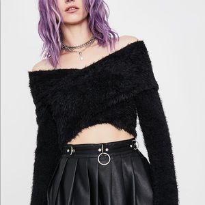 Current mood off shoulder fuzzy crop sweater